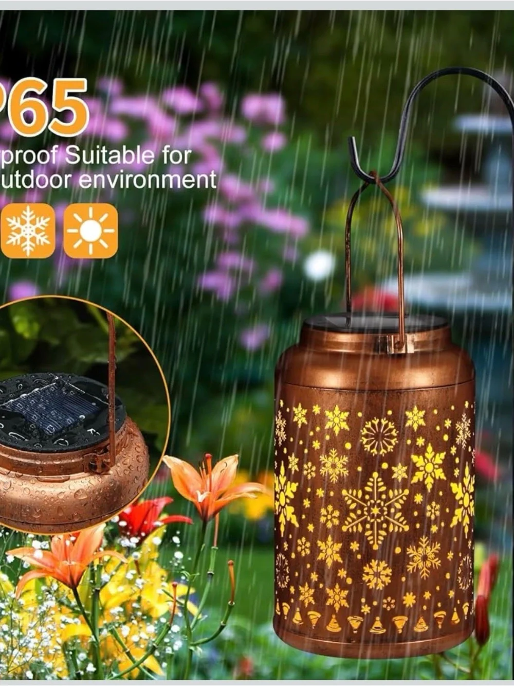 Solar-Powered Metal Lantern with Copper Snowflake Pattern